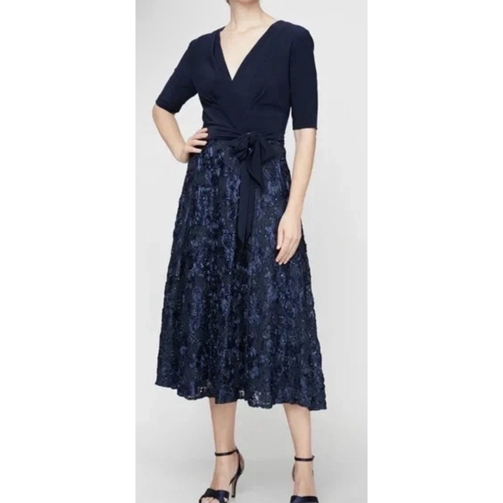 Alex Evenings Navy Blue Sequin Rosette Jersey Midi Dress Size 16W $269